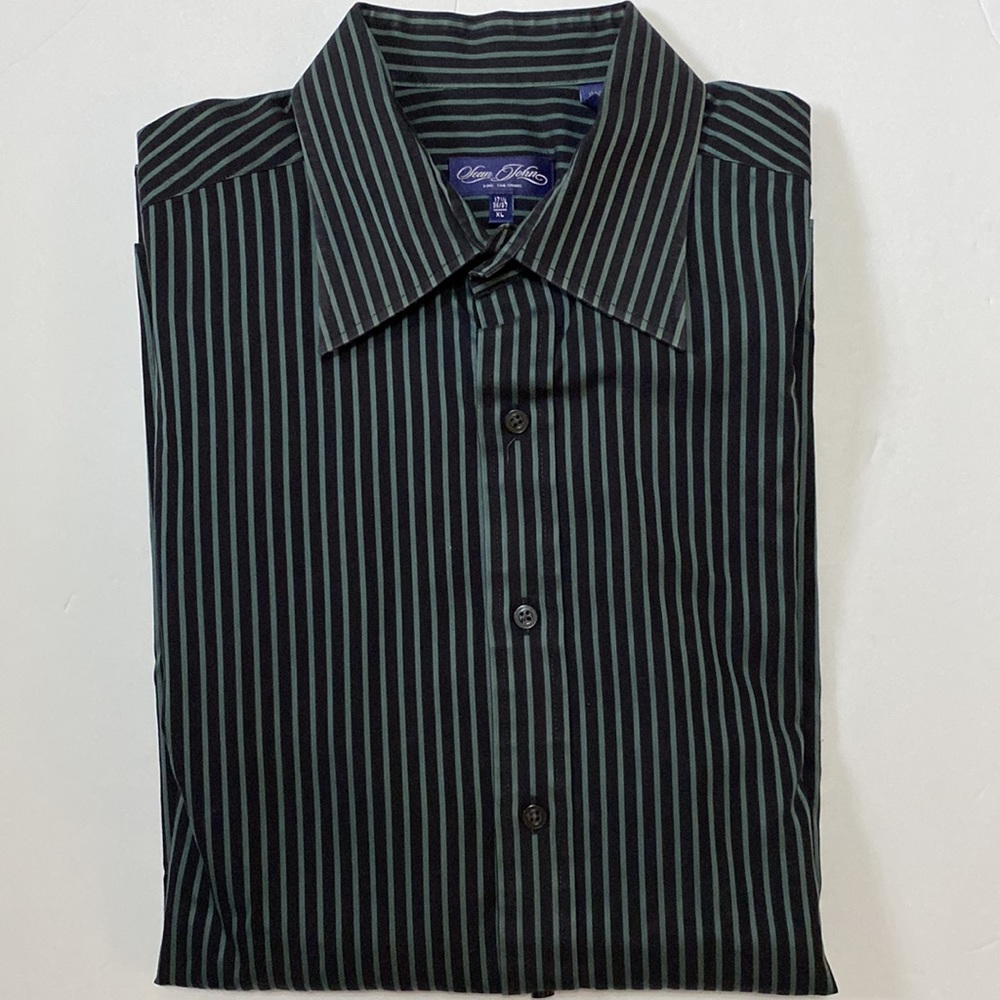 Sean John men’s 💯cotton black green striped dress shirt long sleeve 17.5 (XL)